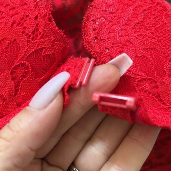 Pink Victorias Secret red lace date racerback wired bra padded Sz-32B - Picture 12 of 12